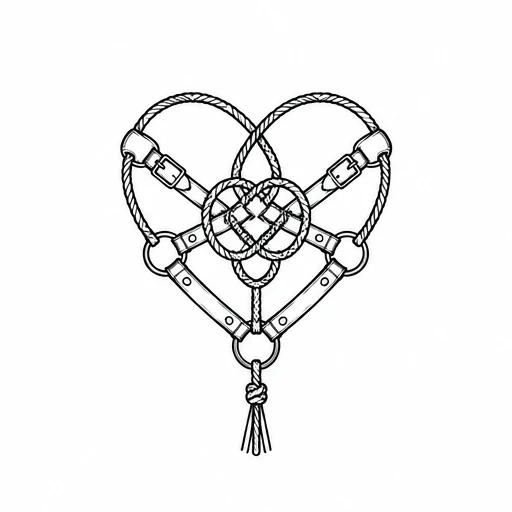 Black linework tattoo design of a heart shape made from rope and harness straps with buckles and a knot at the bottom.