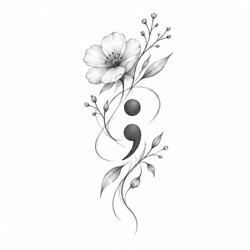 Semicolon tattoo with delicate flowers and leaves in fine black shading