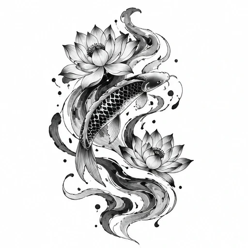 Black and gray tattoo design of koi fish swimming between two lotus flowers with flowing ink waves and ink splatters