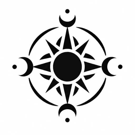Black geometric compass star with crescent moons and dots in circular arrangement