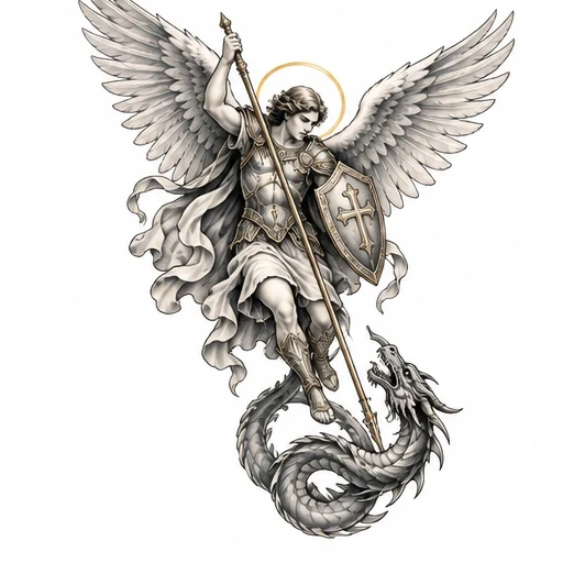 Archangel Michael with wings, halo, spear, and shield fighting a dragon