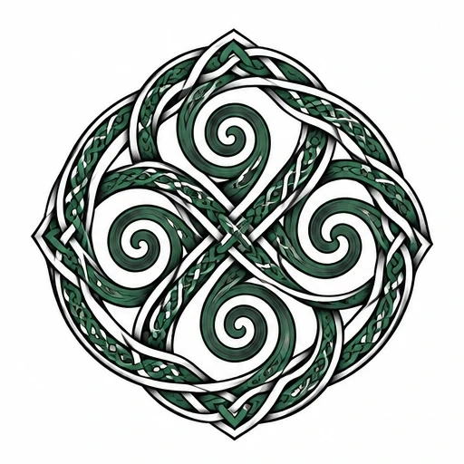 Circular Celtic knot tattoo design with spiraling swirls and interlaced green bands