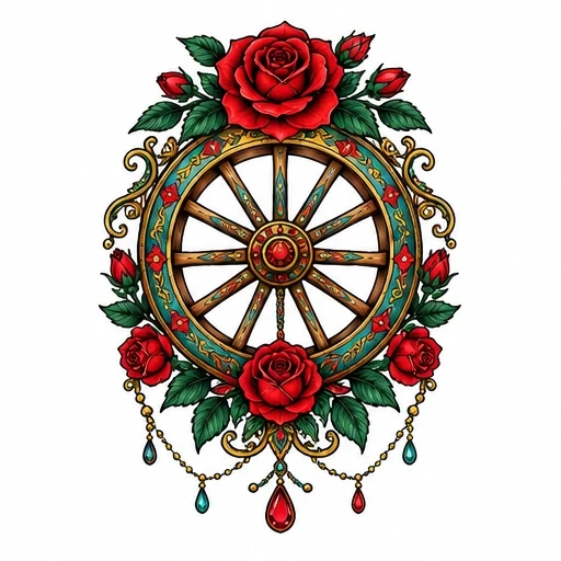 Tattoo design of a wooden wagon wheel decorated with red roses, green leaves, gold filigree, and hanging red and blue gemstone chains.