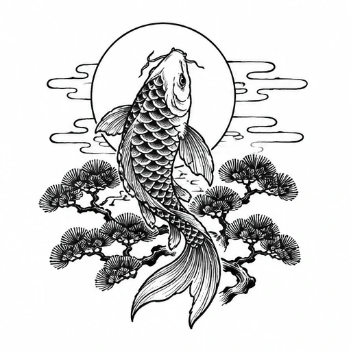 Black ink drawing of a koi fish swimming upwards in front of a sun, with stylized clouds and a pine tree beneath.