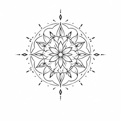 Black line mandala tattoo with a central flower and surrounding leaf patterns
