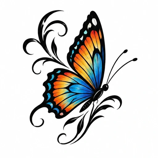 Colorful butterfly with blue and orange wings and black decorative swirls