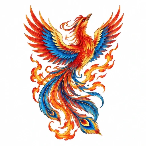 Colorful Japanese phoenix with red, orange flames and blue feathers in flight