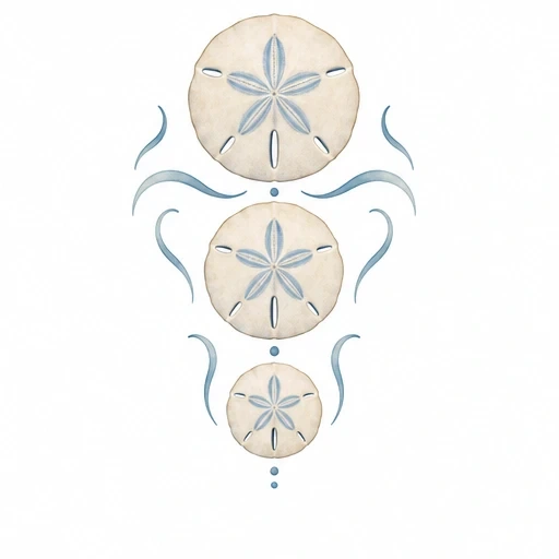 Three sand dollars vertically aligned with soft blue waves and dots around them