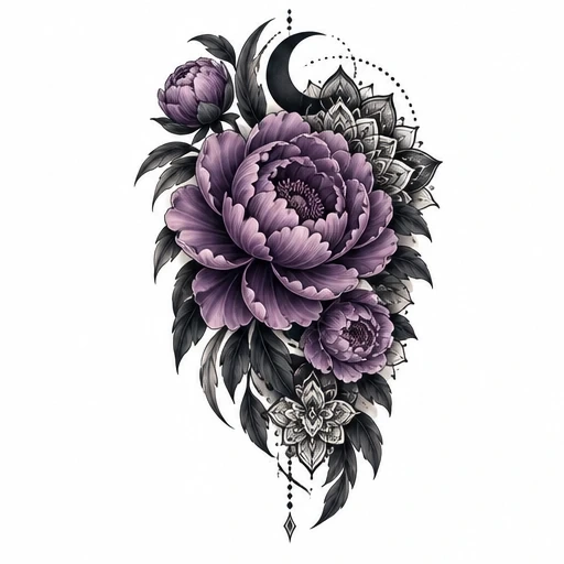 Tattoo design of three purple peonies with black leaves, crescent moon, mandala elements, and dotwork accents.