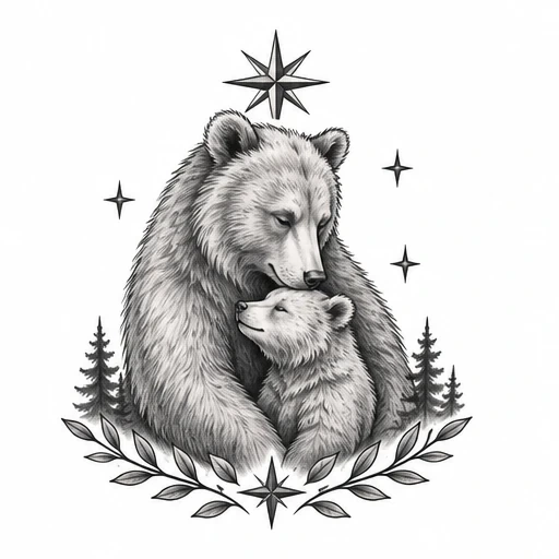 Black and grey tattoo of mother bear hugging cub with pine trees, stars, and laurel leaves