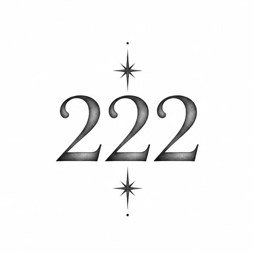 Tattoo design featuring the number 222 with a shaded serif font and eight-pointed stars above and below.