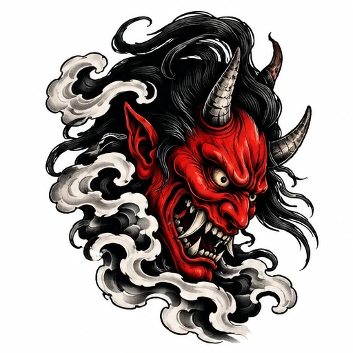 Red Japanese oni demon mask with black hair and swirling smoke