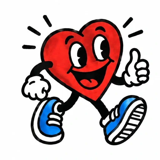 Red cartoon heart with big eyes and smile running, wearing blue sneakers and white gloves giving thumbs up
