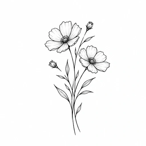 Black ink tattoo design of two cosmos flowers, two flower buds, and leafy stems in fine line style