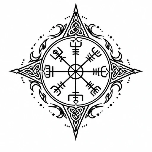 Black ink Vegvisir compass tattoo with Celtic knotwork and flame motifs