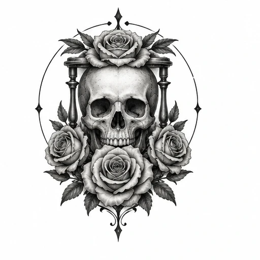 Black and grey skull with hourglass and roses tattoo design