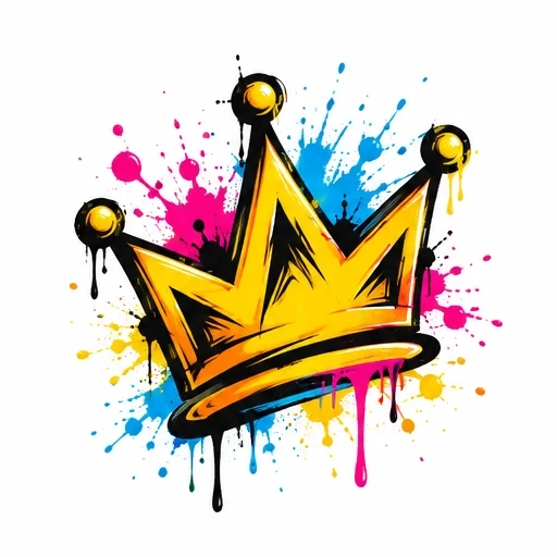 Yellow graffiti crown with multicolor paint splatters on white background