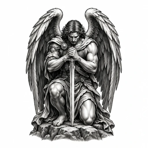 Kneeling angel warrior with large wings holding sword, black and gray tattoo art