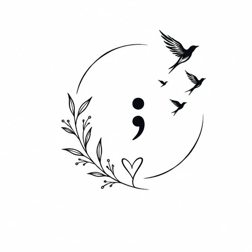 Semicolon surrounded by a circular botanical wreath with leaves, small berries, a heart, and four birds flying upward on the right side