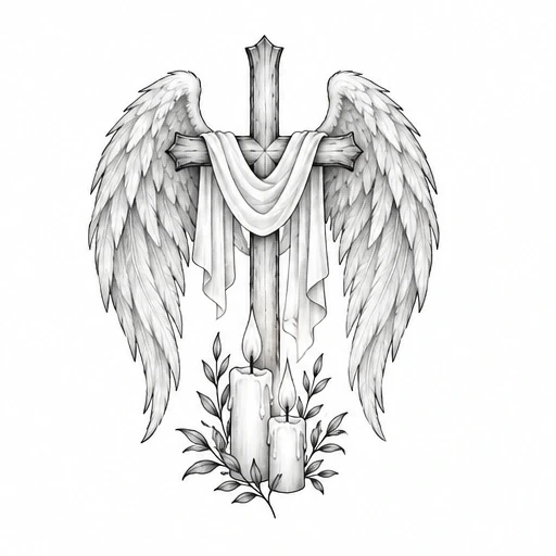 Black and grey tattoo design of cross with angel wings, draped cloth, melting candles, and leaves
