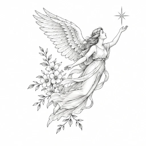 Tattoo drawing of a graceful angel with large feathered wings reaching for a star, surrounded by flowers and leaves, rendered in fine black linework.