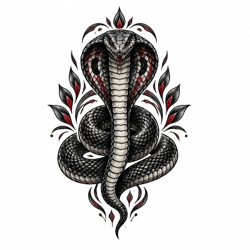 Black and red cobra with open hood and red accents, surrounded by black and red floral shapes
