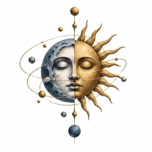 Half moon and half sun with human face, orbiting planets around, surreal cosmic design