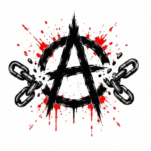 Black anarchy symbol with red paint splatters and broken chains on white background