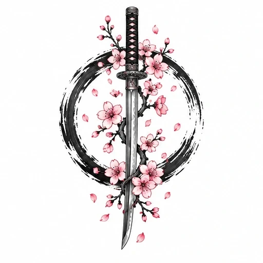 Katana sword entwined with pink cherry blossoms and a black brushstroke circle background