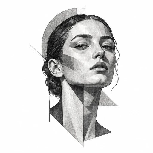 Graphite portrait of a woman with geometric shading and a loose bun hairstyle