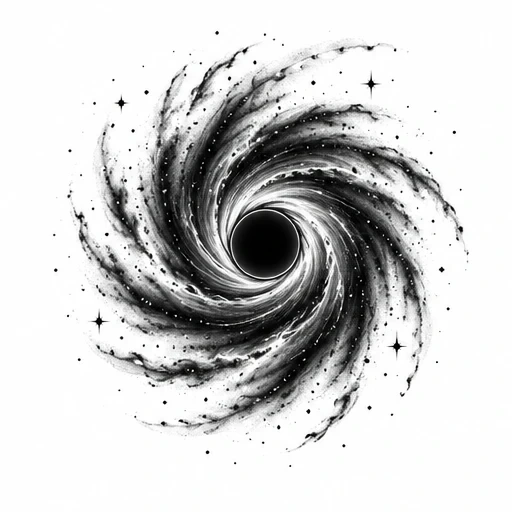 Black hole with swirling dark spirals, stars, and cosmic dust in black and gray ink