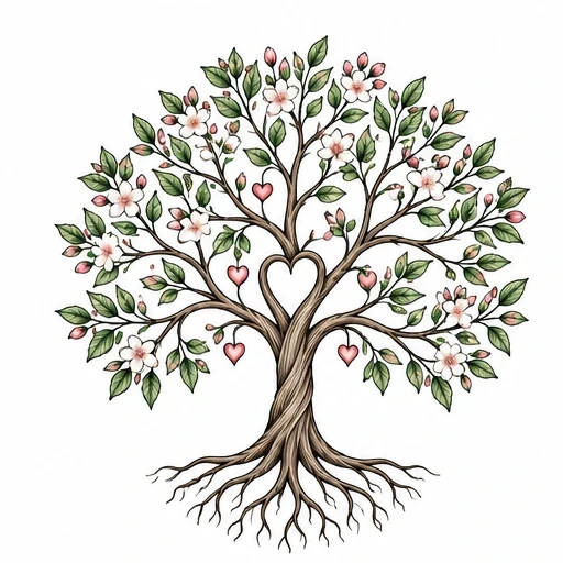 Illustrated family tree with heart-shaped trunk, pink and white flowers, green leaves, and hanging pink hearts