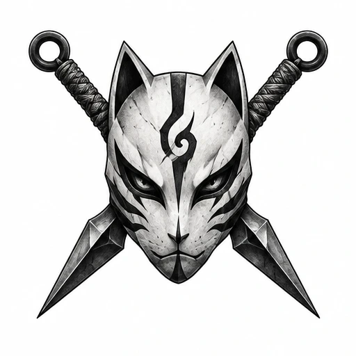Black and white Anbu fox mask tattoo with tribal markings and crossed kunai daggers