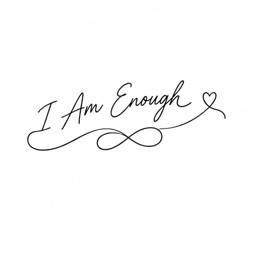 Minimalist cursive tattoo reading 'I Am Enough' with infinity symbol and heart flourish