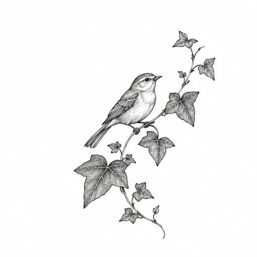 Fine line tattoo design of a small bird perched on an ivy branch with detailed leaves
