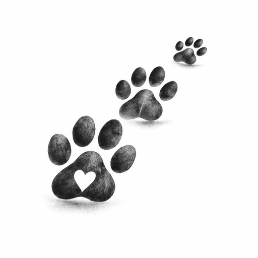 Three black paw prints in perspective with a heart-shaped cutout in the closest paw print on white background