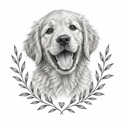 Pencil sketch of a smiling golden retriever framed by a laurel wreath with a heart at the bottom