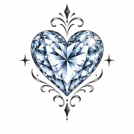 Heart-shaped diamond tattoo with detailed facets and black ornamental flourishes with sparkles