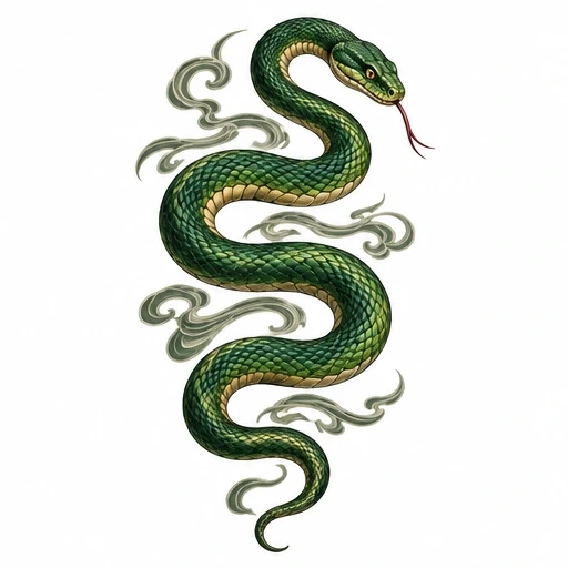 Green snake coiled with gray smoky swirls and flicking red tongue