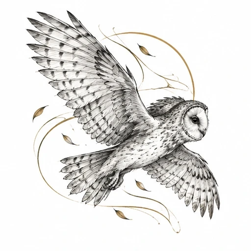 Drawn barn owl tattoo design flying with spread wings and golden swirling leaves