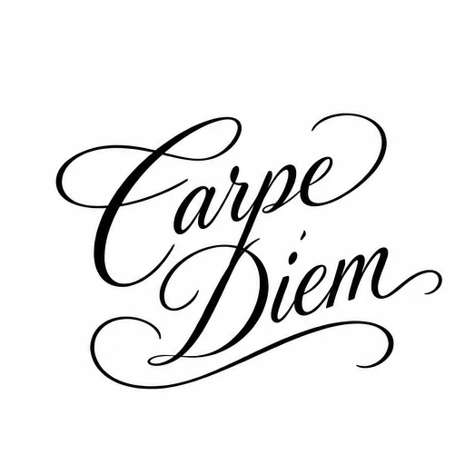 Carpe Diem phrase in ornate black script with decorative swirls