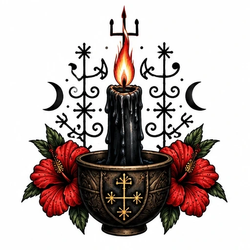 Black candle with flame in engraved chalice flanked by red hibiscus flowers and black voodoo symbols with crescent moons