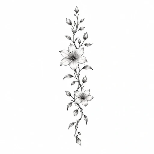 Vertical black and gray tattoo design of two large delicate flowers with buds and leaves on a vine