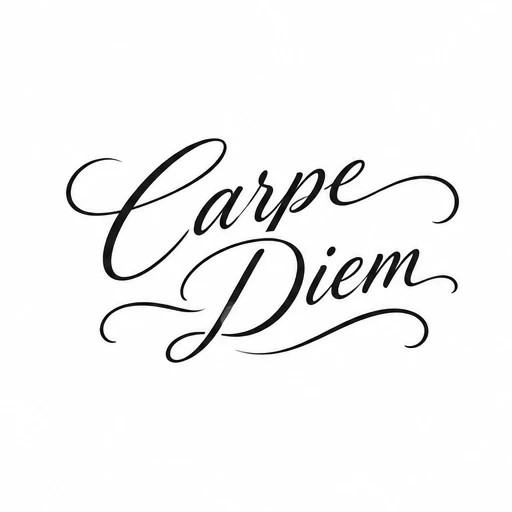 Carpe Diem phrase in elegant black script with flourish swashes on a white background