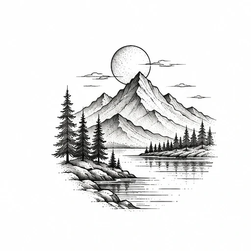 Fine line tattoo of mountains, pine trees, lake, and a large sun or moon with subtle clouds