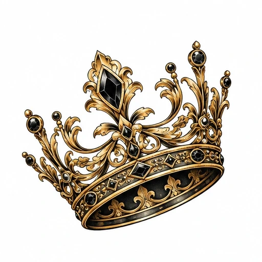 Illustration of an ornate gold crown with black gemstones and intricate scrolling details