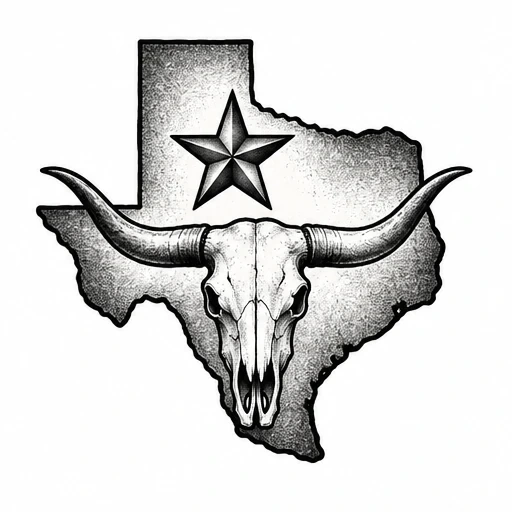 Tattoo design of Texas outline with a longhorn skull and a lone star above it, in black and gray ink.