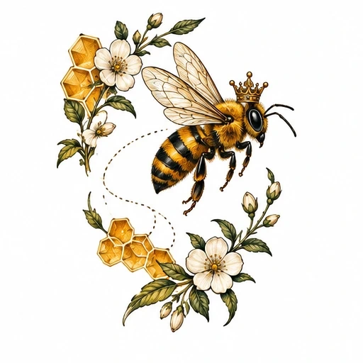 Illustration of a crowned queen bee flying inside a wreath of white flowers and honeycomb