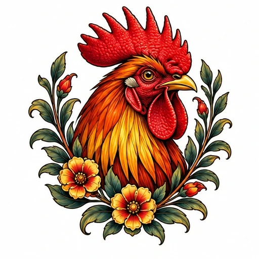 Colorful rooster head with red comb and detailed feathers surrounded by green leaves and yellow-orange flowers.