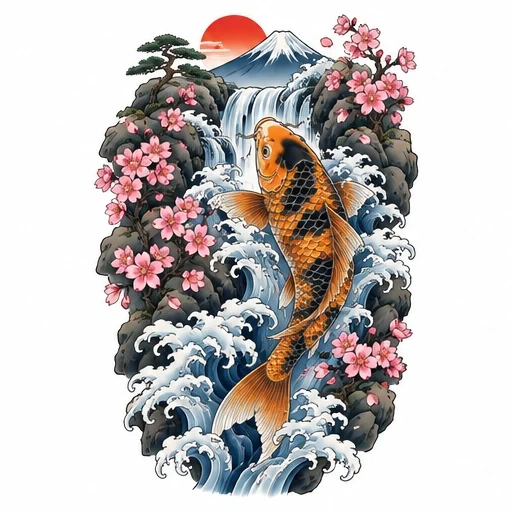 Japanese style tattoo design featuring a koi fish jumping up a waterfall, surrounded by sakura blossoms on rocky cliffs with Mount Fuji and a red sun in the background.
